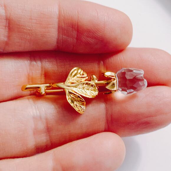 Vintage Swarovski Rose Pin Faceted Crystal 90s Y2K Small Rose Bud Floral Brooch - Picture 3 of 15